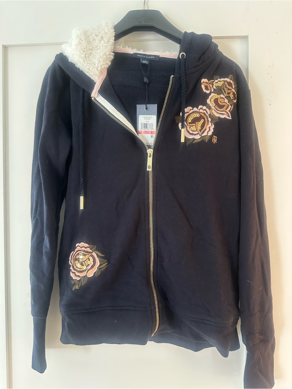 Tommy Hilfiger Navy Zip Hoodie with Pink Floral Embroidery